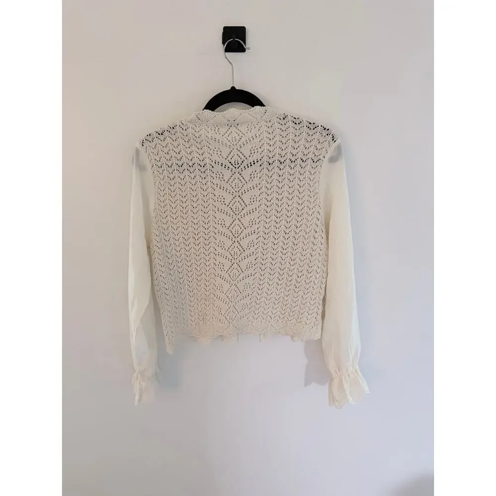 Zara Cream Knit Crochet Lace Scalloped Hem Long Sleeve Top-Size Small